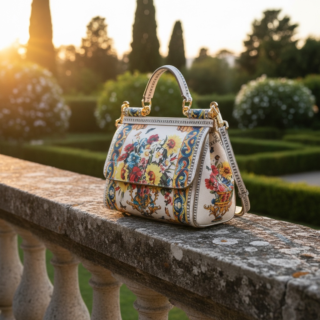 The Sicily bag resting on a stone balustrade at sunset