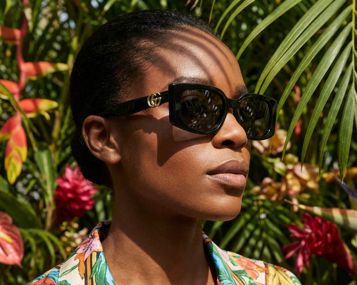 A woman wearing dark Gucci sunglasses in bright tropical light